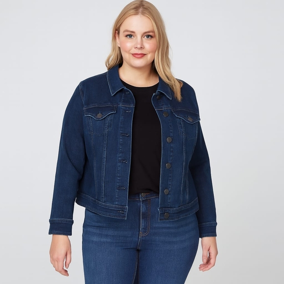 Blue Denim Button-Up Long Sleeve Stretch CroppedJacket, Plus Size 14 Lane Bryant - Picture 1 of 6